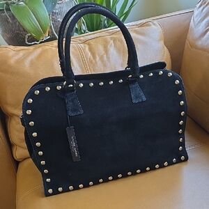 Chic Black Suede Satchel with Gold Accents